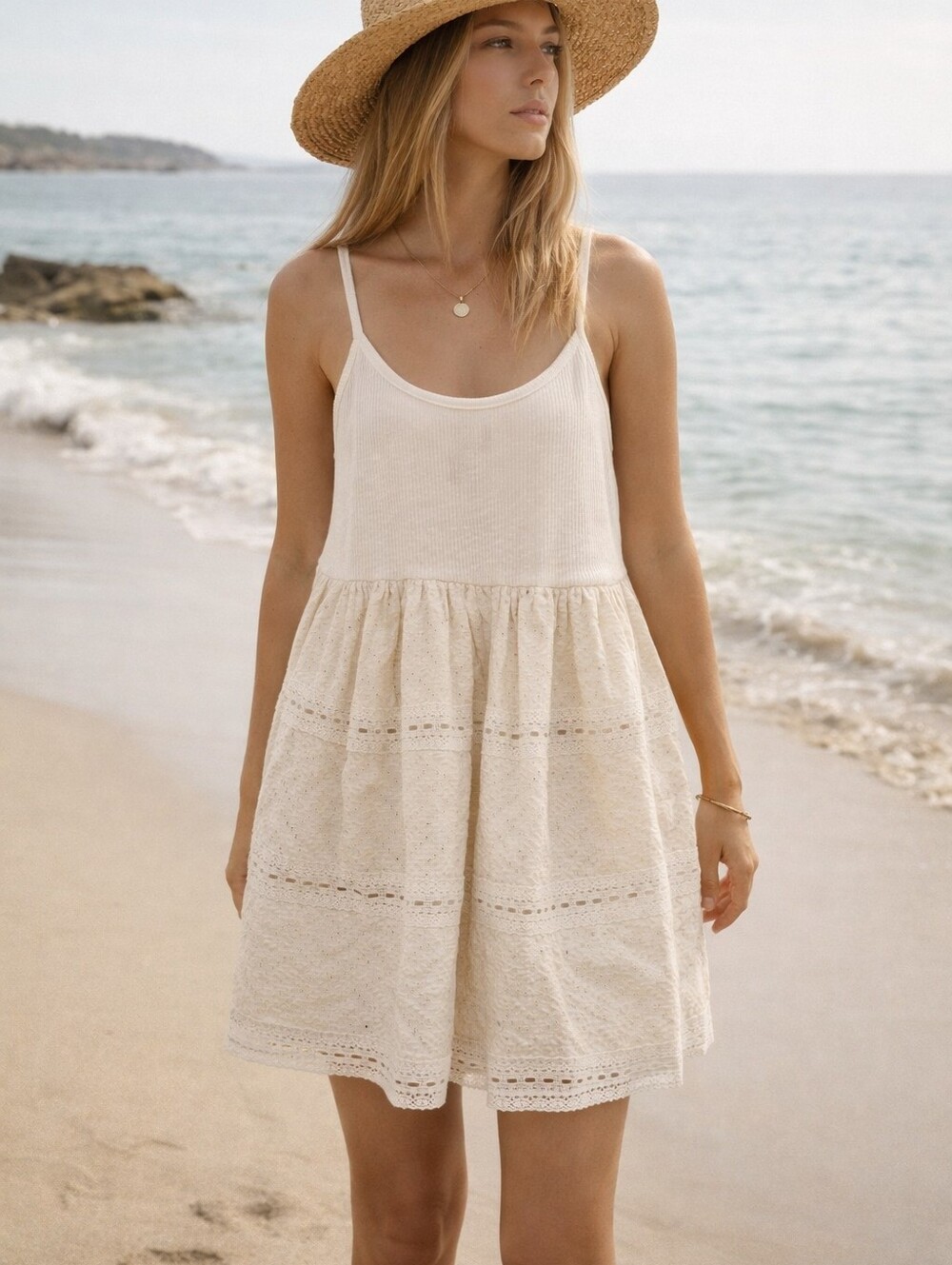POL Cream Minimalist Mini Dress with Eyelet And Lace Skirt
